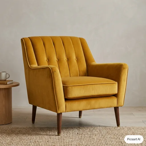 Nano Banana 2: mustard velvet armchair, studio catalog shot