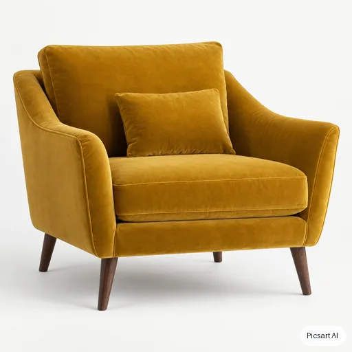 GPT Image 2.5 Sunburst: mustard velvet armchair, studio catalog shot
