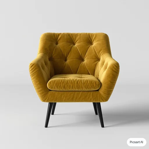 Kling 3.0 Image: mustard velvet armchair, studio catalog shot