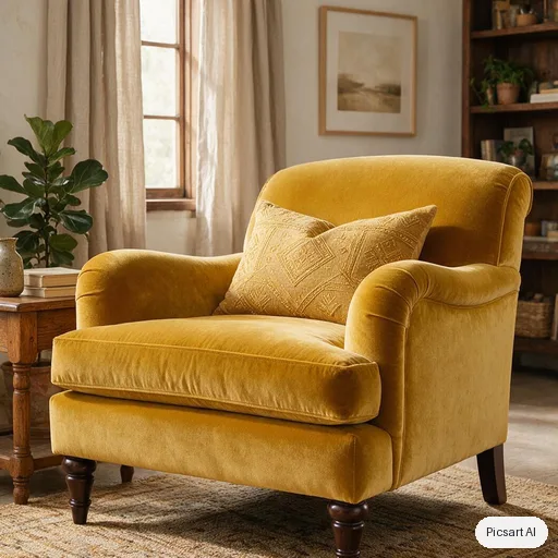 Seedream 5.0 Pro: mustard velvet armchair, studio catalog shot