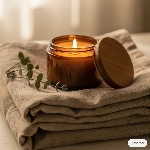 Flux 2 Pro: A scented soy candle in an amber glass jar with a wooden lid, lit, on a stack of folded linen with eucalyptus sprigs, cosy warm ambience, soft focus background