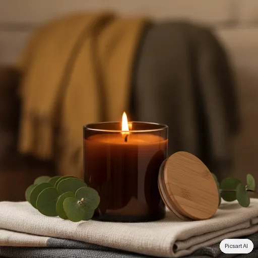 Nano Banana: A scented soy candle in an amber glass jar with a wooden lid, lit, on a stack of folded linen with eucalyptus sprigs, cosy warm ambience, soft focus background