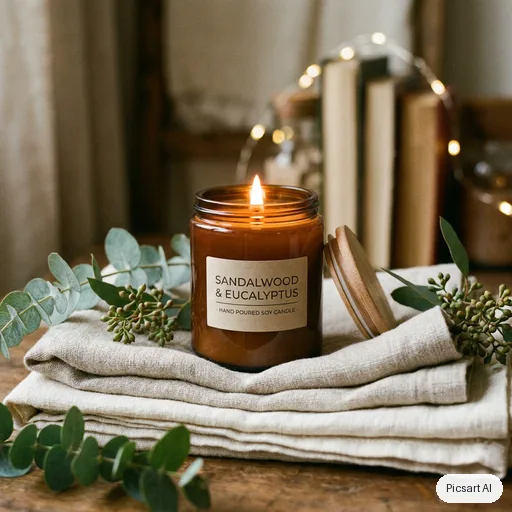 Nano Banana Pro: A scented soy candle in an amber glass jar with a wooden lid, lit, on a stack of folded linen with eucalyptus sprigs, cosy warm ambience, soft focus background