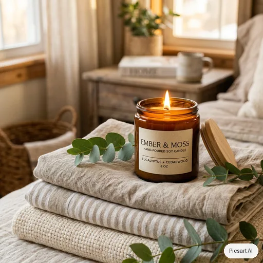 Nano Banana 2: A scented soy candle in an amber glass jar with a wooden lid, lit, on a stack of folded linen with eucalyptus sprigs, cosy warm ambience, soft focus background