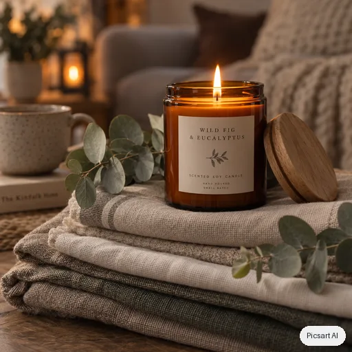 GPT Image 2.5 Sunburst output for: A scented soy candle in an amber glass jar with a wooden lid, lit, on a stack of folded linen with eucalyptus sprigs, cosy warm ambience, soft focus background