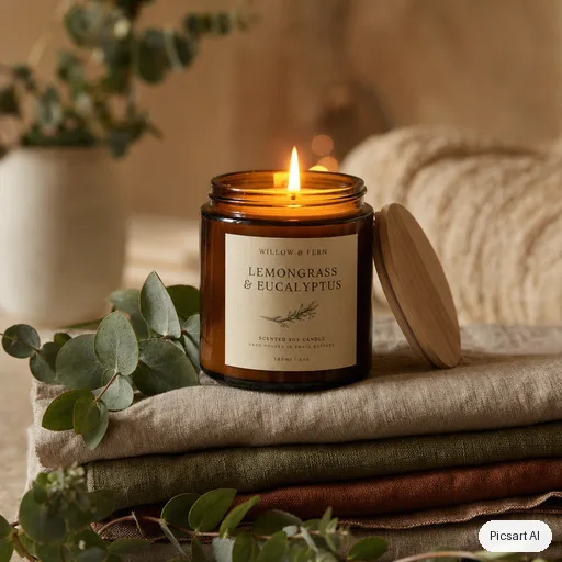 GPT Image 2: A scented soy candle in an amber glass jar with a wooden lid, lit, on a stack of folded linen with eucalyptus sprigs, cosy warm ambience, soft focus background