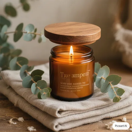 Hunyuan V3: A scented soy candle in an amber glass jar with a wooden lid, lit, on a stack of folded linen with eucalyptus sprigs, cosy warm ambience, soft focus background