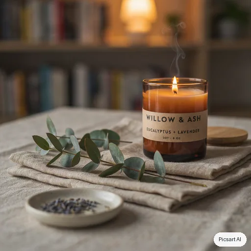 Ideogram 4.5: A scented soy candle in an amber glass jar with a wooden lid, lit, on a stack of folded linen with eucalyptus sprigs, cosy warm ambience, soft focus background