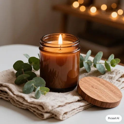 Kling 3.0 Image: A scented soy candle in an amber glass jar with a wooden lid, lit, on a stack of folded linen with eucalyptus sprigs, cosy warm ambience, soft focus background