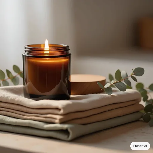 Luma UNI-1: A scented soy candle in an amber glass jar with a wooden lid, lit, on a stack of folded linen with eucalyptus sprigs, cosy warm ambience, soft focus background