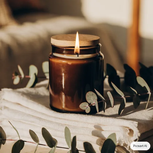 Recraft V4.1: A scented soy candle in an amber glass jar with a wooden lid, lit, on a stack of folded linen with eucalyptus sprigs, cosy warm ambience, soft focus background