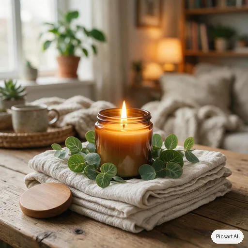 Seedream 5.0 Pro: A scented soy candle in an amber glass jar with a wooden lid, lit, on a stack of folded linen with eucalyptus sprigs, cosy warm ambience, soft focus background