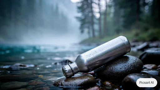 Flux 2 Pro: Hero banner image for an online outdoor store: a brushed stainless steel water bottle lying on wet rocks beside a mountain stream, early morning mist, pine trees out of focus behind, cool tones, wide composition with empty space on the left for a headline