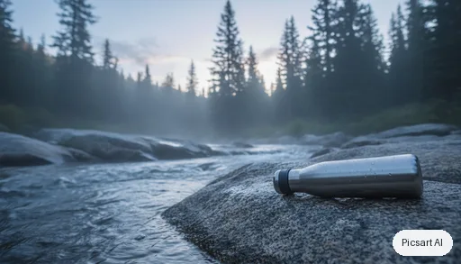 Nano Banana: Hero banner image for an online outdoor store: a brushed stainless steel water bottle lying on wet rocks beside a mountain stream, early morning mist, pine trees out of focus behind, cool tones, wide composition with empty space on the left for a headline