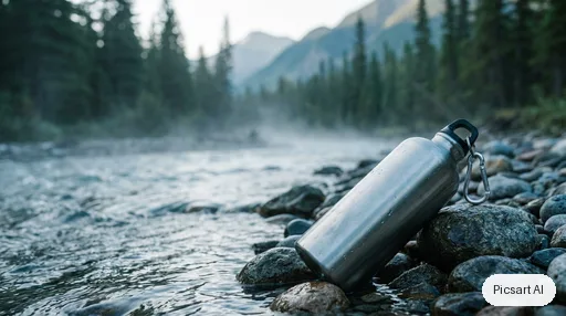 Nano Banana Pro: Hero banner image for an online outdoor store: a brushed stainless steel water bottle lying on wet rocks beside a mountain stream, early morning mist, pine trees out of focus behind, cool tones, wide composition with empty space on the left for a headline