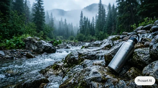 Nano Banana 2: Hero banner image for an online outdoor store: a brushed stainless steel water bottle lying on wet rocks beside a mountain stream, early morning mist, pine trees out of focus behind, cool tones, wide composition with empty space on the left for a headline