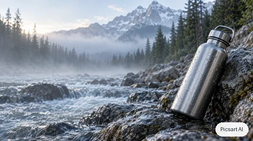 GPT Image 2.5 Sunburst: Hero banner image for an online outdoor store: a brushed stainless steel water bottle lying on wet rocks beside a mountain stream, early morning mist, pine trees out of focus behind, cool tones, wide composition with empty space on the left for a headline