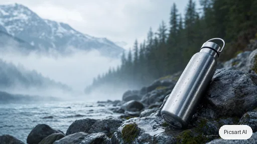 GPT Image 2: Hero banner image for an online outdoor store: a brushed stainless steel water bottle lying on wet rocks beside a mountain stream, early morning mist, pine trees out of focus behind, cool tones, wide composition with empty space on the left for a headline