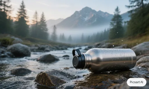 Hunyuan V3: Hero banner image for an online outdoor store: a brushed stainless steel water bottle lying on wet rocks beside a mountain stream, early morning mist, pine trees out of focus behind, cool tones, wide composition with empty space on the left for a headline