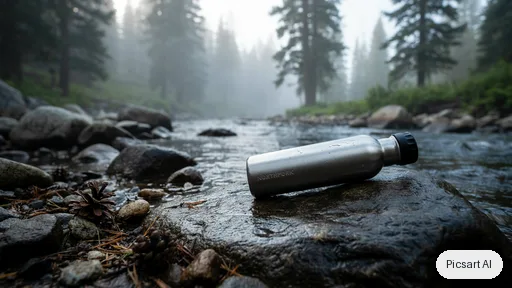 Ideogram 4.5: Hero banner image for an online outdoor store: a brushed stainless steel water bottle lying on wet rocks beside a mountain stream, early morning mist, pine trees out of focus behind, cool tones, wide composition with empty space on the left for a headline