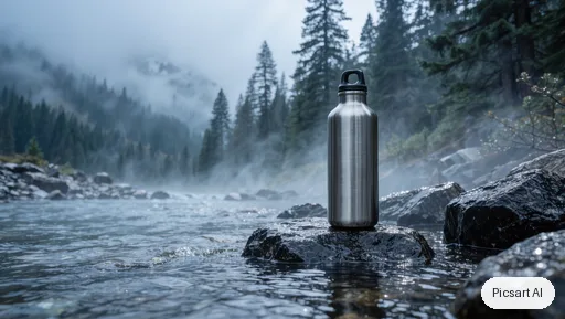 Kling 3.0 Image: Hero banner image for an online outdoor store: a brushed stainless steel water bottle lying on wet rocks beside a mountain stream, early morning mist, pine trees out of focus behind, cool tones, wide composition with empty space on the left for a headline