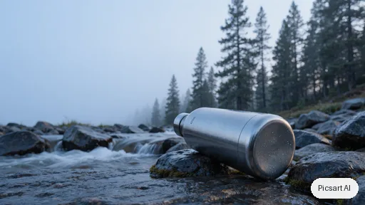 Luma UNI-1: Hero banner image for an online outdoor store: a brushed stainless steel water bottle lying on wet rocks beside a mountain stream, early morning mist, pine trees out of focus behind, cool tones, wide composition with empty space on the left for a headline
