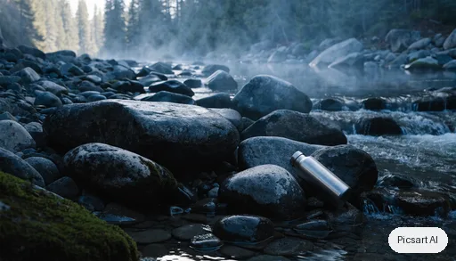 Recraft V4.1: Hero banner image for an online outdoor store: a brushed stainless steel water bottle lying on wet rocks beside a mountain stream, early morning mist, pine trees out of focus behind, cool tones, wide composition with empty space on the left for a headline