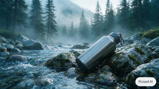 Seedream 5.0 Pro: Hero banner image for an online outdoor store: a brushed stainless steel water bottle lying on wet rocks beside a mountain stream, early morning mist, pine trees out of focus behind, cool tones, wide composition with empty space on the left for a headline