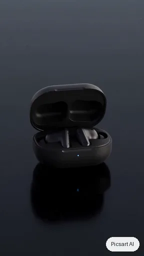 Seedance 2.5 clip, middle frame, for: A matte black wireless earbud case slowly opening on a glossy black surface, the earbuds rising out with a soft blue glow, slow orbit camera, premium tech ad