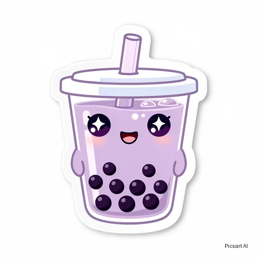 Flux 2 Pro: Die-cut sticker of a smiling cup of boba tea with a chunky white border, kawaii style, pastel purple, white background