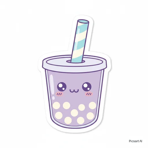 Nano Banana: Die-cut sticker of a smiling cup of boba tea with a chunky white border, kawaii style, pastel purple, white background