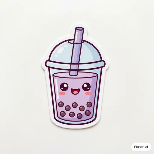 Nano Banana Pro: Die-cut sticker of a smiling cup of boba tea with a chunky white border, kawaii style, pastel purple, white background