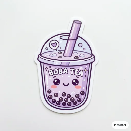 Nano Banana 2: Die-cut sticker of a smiling cup of boba tea with a chunky white border, kawaii style, pastel purple, white background