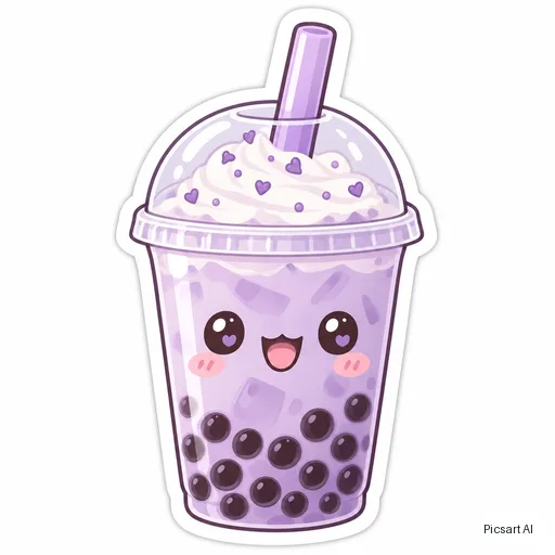 GPT Image 2.5 Sunburst: Die-cut sticker of a smiling cup of boba tea with a chunky white border, kawaii style, pastel purple, white background