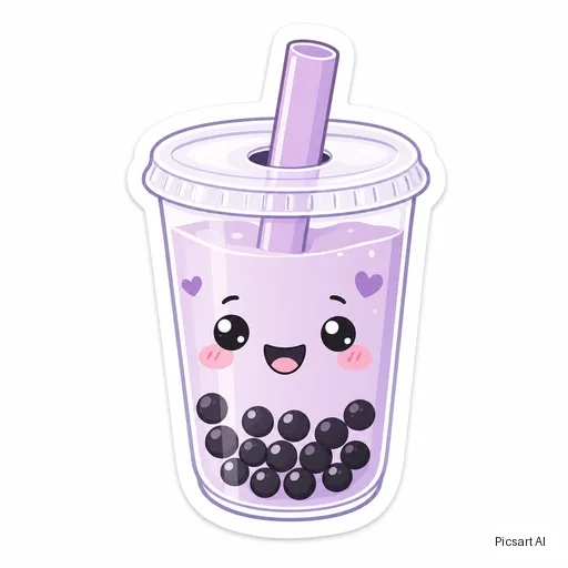 GPT Image 2: Die-cut sticker of a smiling cup of boba tea with a chunky white border, kawaii style, pastel purple, white background