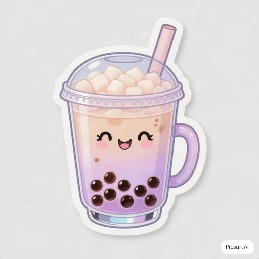 Hunyuan V3: Die-cut sticker of a smiling cup of boba tea with a chunky white border, kawaii style, pastel purple, white background
