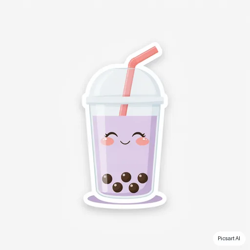Ideogram 4.5: Die-cut sticker of a smiling cup of boba tea with a chunky white border, kawaii style, pastel purple, white background