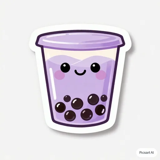 Kling 3.0 Image: Die-cut sticker of a smiling cup of boba tea with a chunky white border, kawaii style, pastel purple, white background