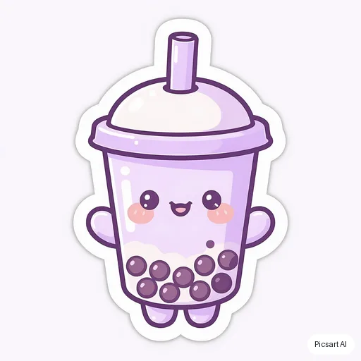 Luma UNI-1: Die-cut sticker of a smiling cup of boba tea with a chunky white border, kawaii style, pastel purple, white background