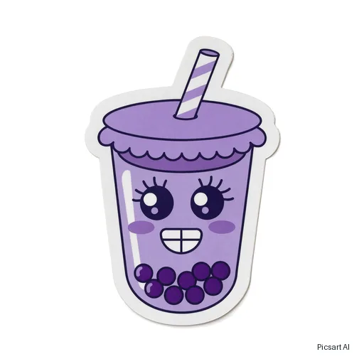 Recraft V4.1: Die-cut sticker of a smiling cup of boba tea with a chunky white border, kawaii style, pastel purple, white background