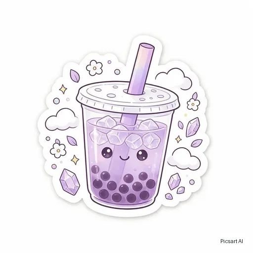 Seedream 5.0 Pro: Die-cut sticker of a smiling cup of boba tea with a chunky white border, kawaii style, pastel purple, white background