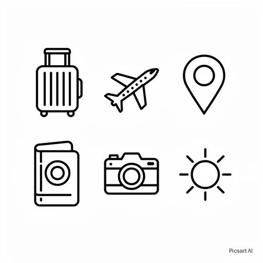 Flux 2 Pro: Set of six minimal line icons for a travel app: suitcase, airplane, map pin, camera, passport, sun; consistent thin strokes, black on white, arranged in a grid