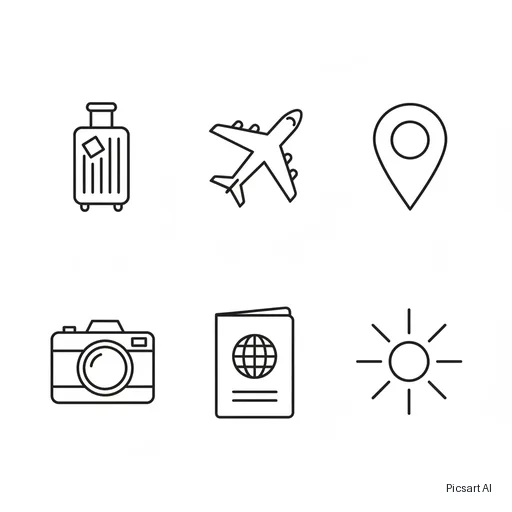 Nano Banana: Set of six minimal line icons for a travel app: suitcase, airplane, map pin, camera, passport, sun; consistent thin strokes, black on white, arranged in a grid