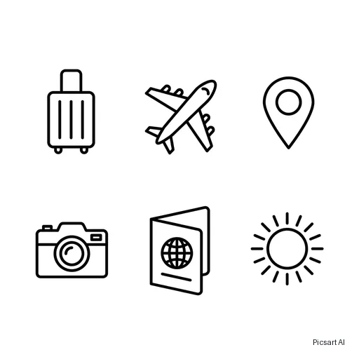 Nano Banana Pro: Set of six minimal line icons for a travel app: suitcase, airplane, map pin, camera, passport, sun; consistent thin strokes, black on white, arranged in a grid