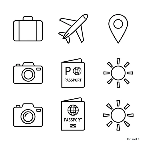 Nano Banana 2: Set of six minimal line icons for a travel app: suitcase, airplane, map pin, camera, passport, sun; consistent thin strokes, black on white, arranged in a grid