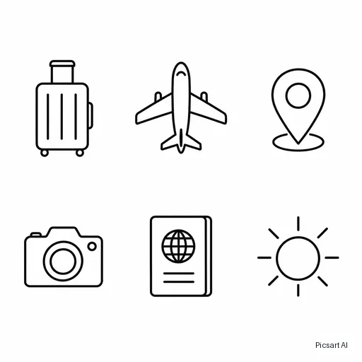 GPT Image 2.5 Sunburst: Set of six minimal line icons for a travel app: suitcase, airplane, map pin, camera, passport, sun; consistent thin strokes, black on white, arranged in a grid