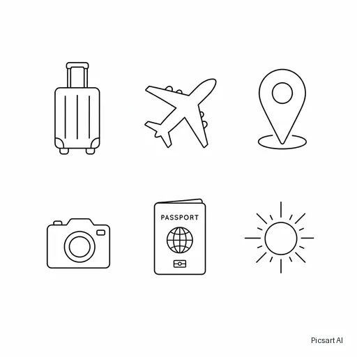 GPT Image 2: Set of six minimal line icons for a travel app: suitcase, airplane, map pin, camera, passport, sun; consistent thin strokes, black on white, arranged in a grid