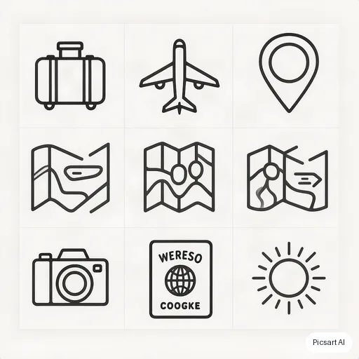 Hunyuan V3: Set of six minimal line icons for a travel app: suitcase, airplane, map pin, camera, passport, sun; consistent thin strokes, black on white, arranged in a grid