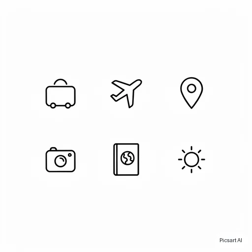 Ideogram 4.5: Set of six minimal line icons for a travel app: suitcase, airplane, map pin, camera, passport, sun; consistent thin strokes, black on white, arranged in a grid
