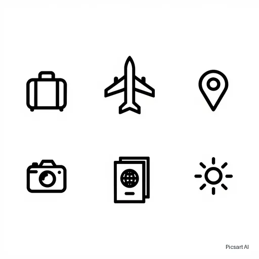 Kling 3.0 Image: Set of six minimal line icons for a travel app: suitcase, airplane, map pin, camera, passport, sun; consistent thin strokes, black on white, arranged in a grid
